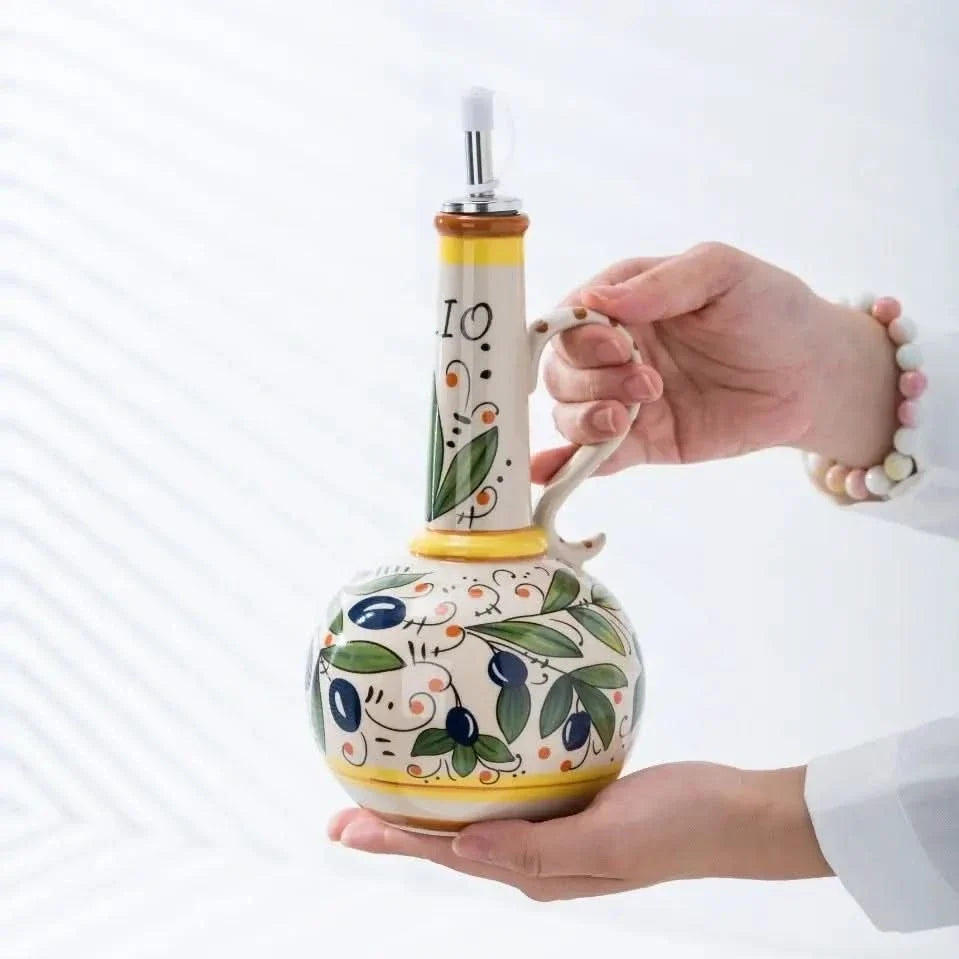 Handbemalter keramischer Öldosierer 700ml mit Edelstahlausgießer - elegante dekorative Ölflasche für Küche und Tisch | Sansoti