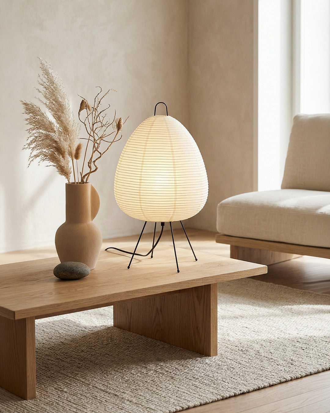 Japanse Tafellamp Sakura met Rijstpapier & Driepoot – Minimalistisch Design Warm Wit Licht – Ø28cm H48cm | Sansoti