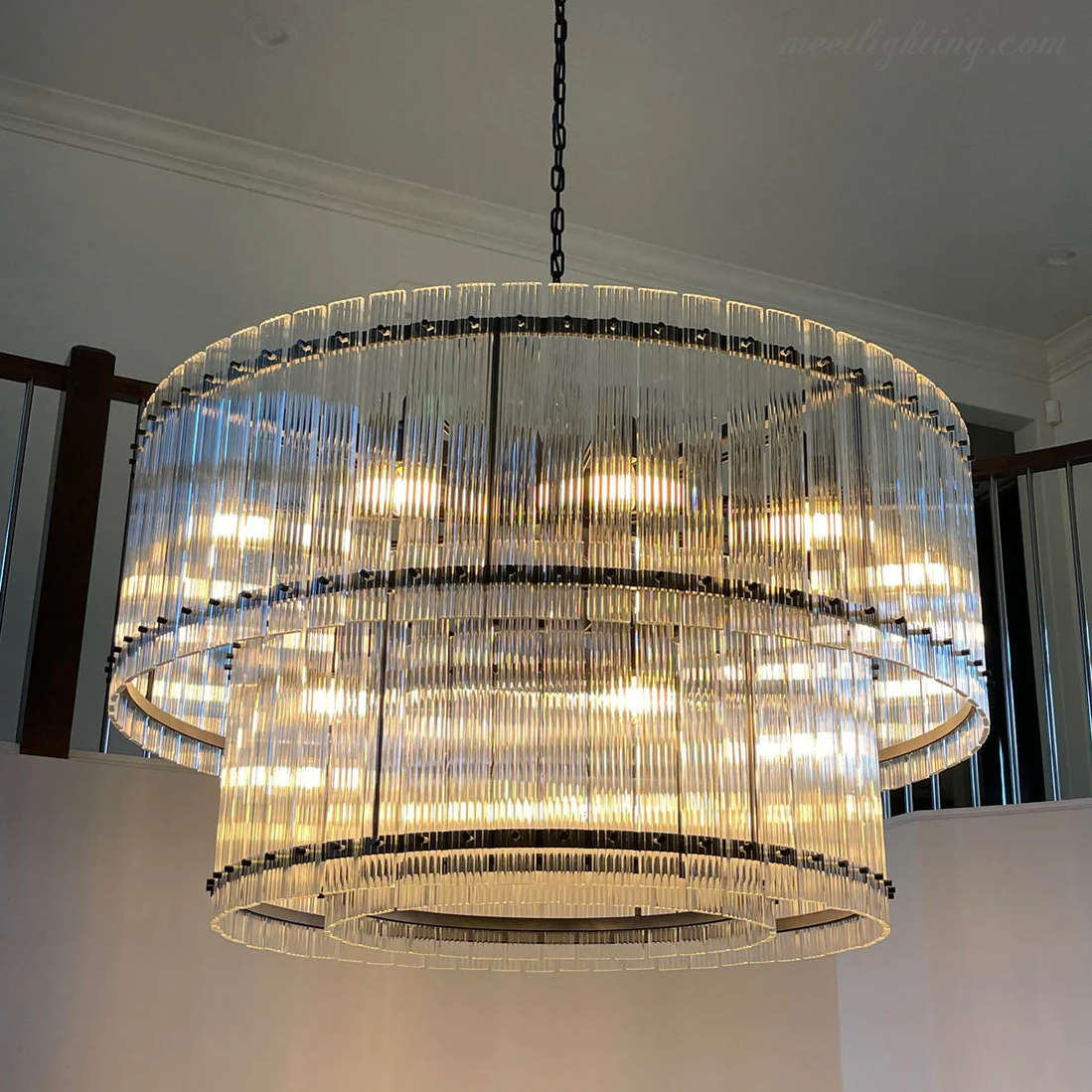 Lustre rond en cristal à plusieurs niveaux, verre et acier, 56-152 cm, éclairage luxueux pour salle à manger, foyer et salon | Sansoti