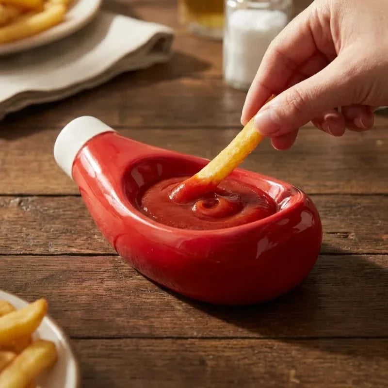 Keramische Dippschälchen in Soßenflaschenform für Ketchup, Senf, Mayo und Wasabi, Tafelgeschirr, Servierschalen, Tisch | Sansoti