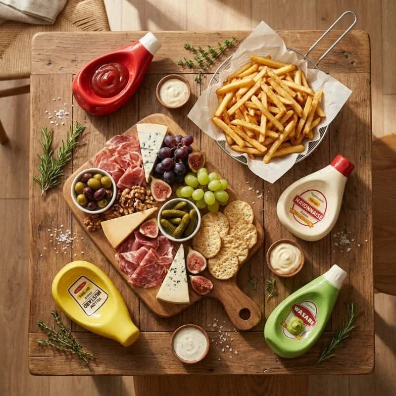 Keramische Dippschälchen in Soßenflaschenform für Ketchup, Senf, Mayo und Wasabi, Tafelgeschirr, Servierschalen, Tisch | Sansoti