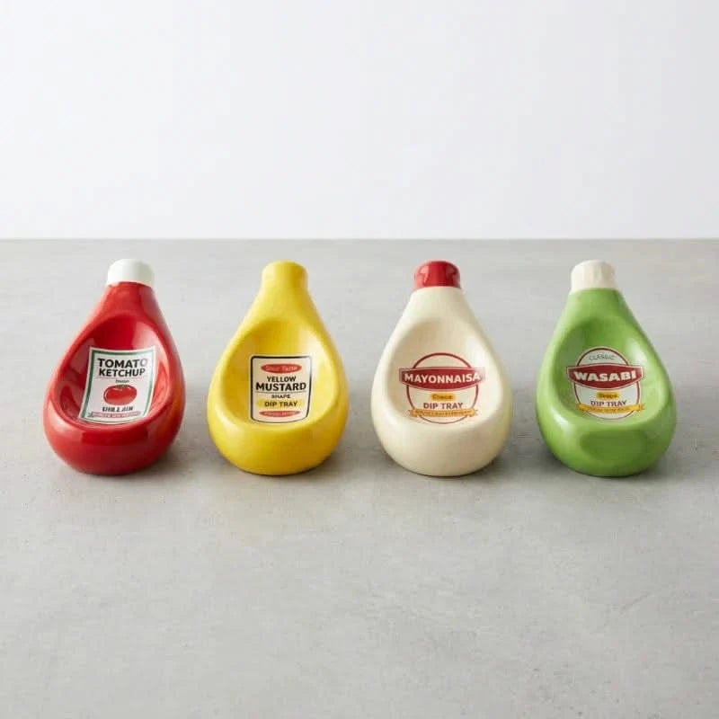 Keramische Dippschälchen in Soßenflaschenform für Ketchup, Senf, Mayo und Wasabi, Tafelgeschirr, Servierschalen, Tisch | Sansoti