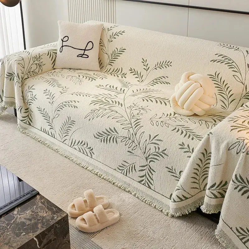 Chenille Jacquard Bankbeschermer met Bladpatroon – Antislip Bankhoes Bescherming | Sansoti