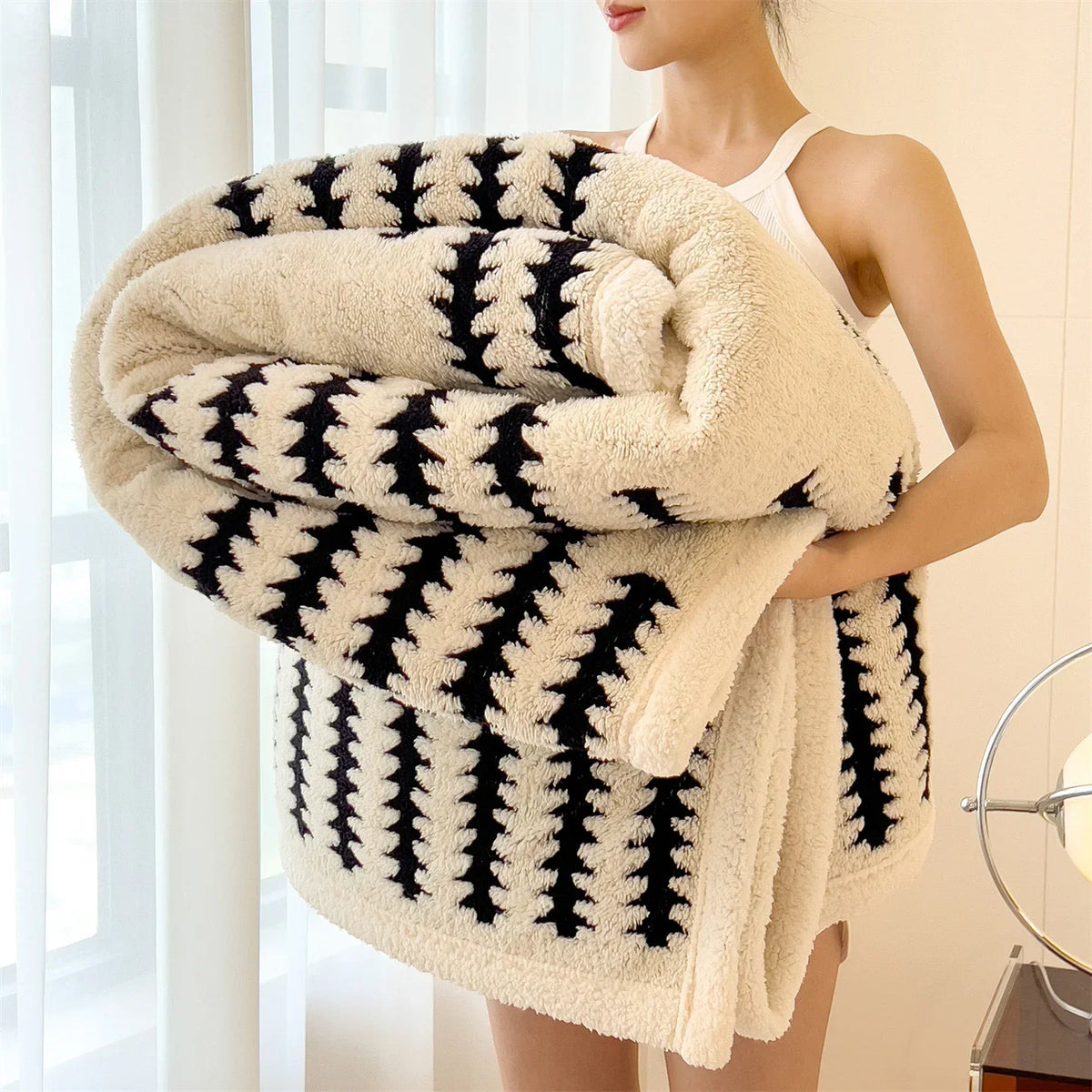 Dubbelzijdige Winterdeken Fleece Imitatiebont Geometrisch Patroon Warmtedeken Bed Bank Plaid Woonkamer | Sansoti