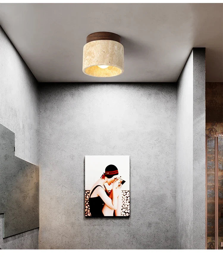 Plafondlamp Travertijn & Hout Naturel Scandinavisch Design Hal Gang Balkon Woonkamer Opbouw LED Verlichting | Sansoti