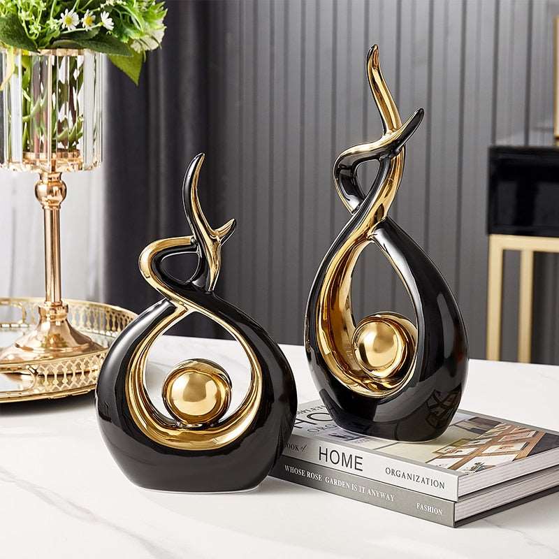 Decoratieve Sculptuur Keramiek Goud Groen Abstract 31cm Woonkamer Tafel Beeld Modern Kunstobject Interieur Decoratie | Sansoti