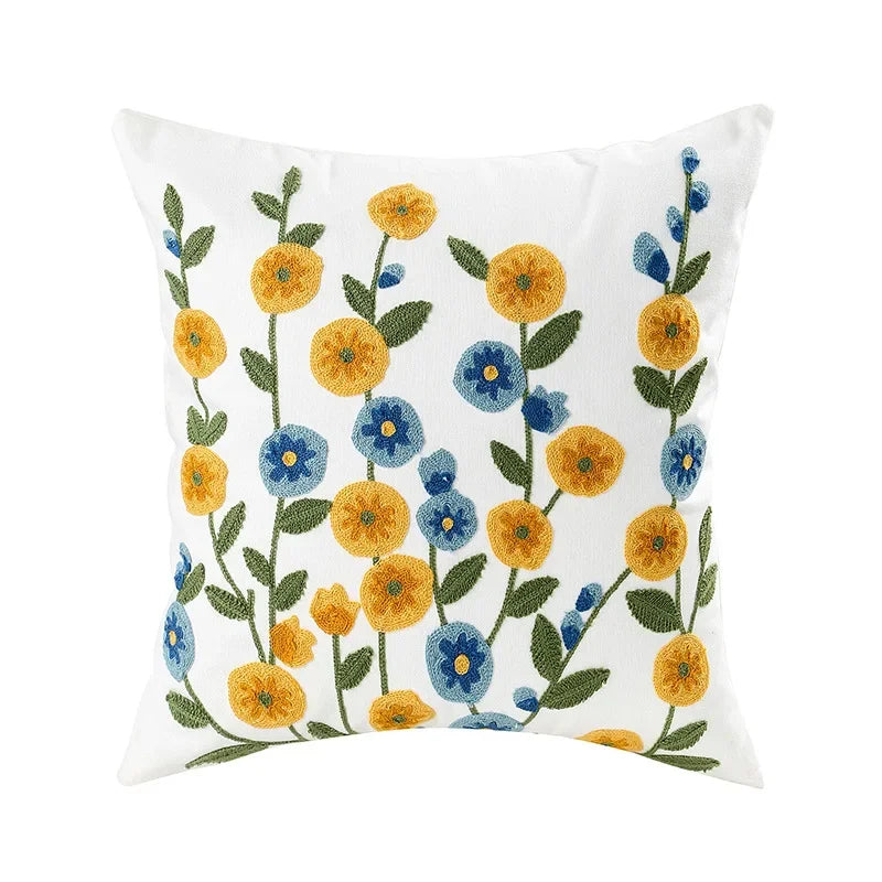 Kussenhoes 45x45cm Katoen Canvas Geborduurd Bloemen Wit Sierkussenhoes Bank Slaapkamer Landelijke Stijl Decoratief | Sansoti