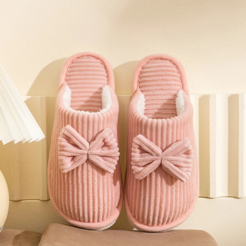 Dames Huisslippers met Strik Ribfluweel Gevoerd Binnenschoenen Winterpantoffels Antislip Warm Comfortabel Slaapkamer | Sansoti
