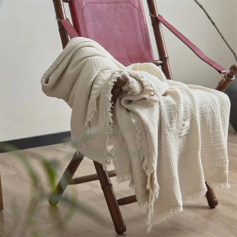 Cotton Throw 6 Layers Soft Breathable Fringed Knitted Blanket Bed Sofa Lightweight Summer Throw Mussel Beige Knitted Bedspread | Sansoti