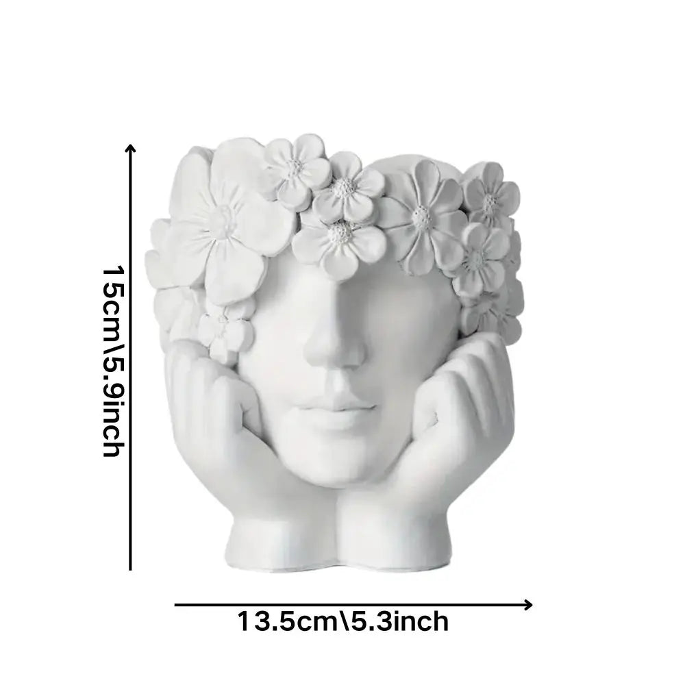 Bloempot Vrouwengezicht Hars Wit 15cm Decoratief Sculptuur Woonkamer Tuin Binnen Buiten Plantenpot Gezicht | Sansoti
