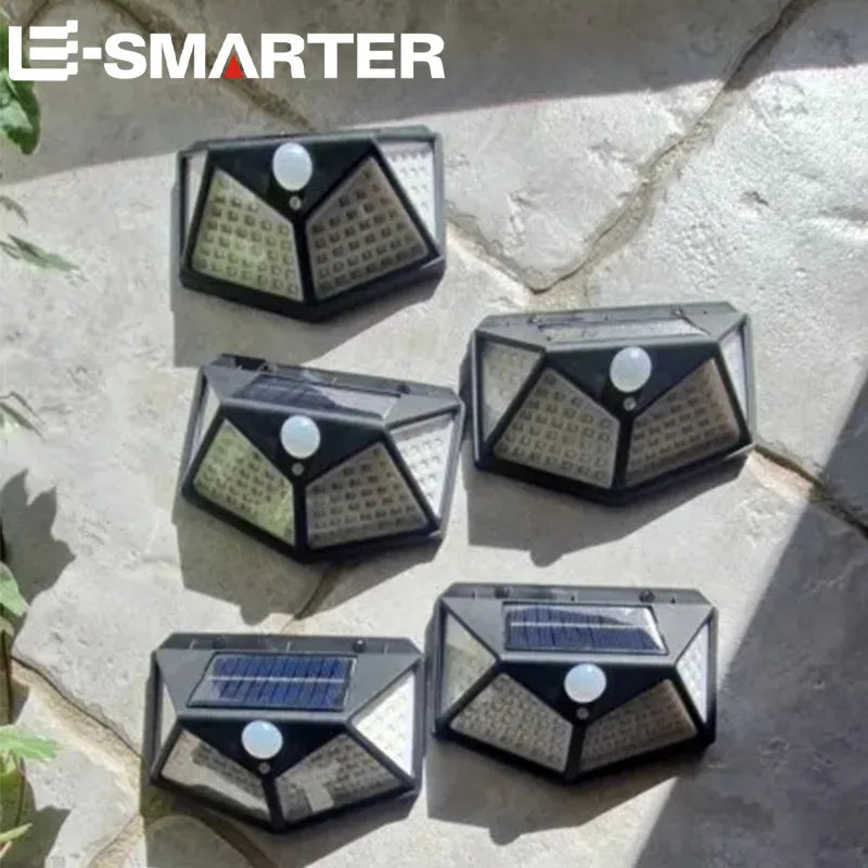 Applique murale extérieure à énergie solaire, 100 LED, détecteur de mouvement, étanche IP65, noire, éclairage de sécurité pour jardin | Sansoti