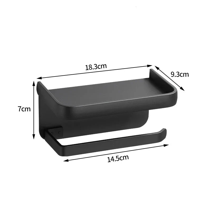Toiletrolhouder Aluminium Zwart 18.3cm Met Plank Wandmontage Badkamer Telefoonhouder Opbergrek Modern Minimalistisch | Sansoti