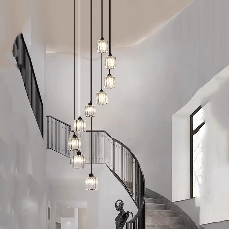 Kristallen Trapluchter met Verstelbare Kappen Goud Zwart Ijzeren Frame 6 of 9 Lampen voor Hoge Ruimtes Villa | Sansoti
