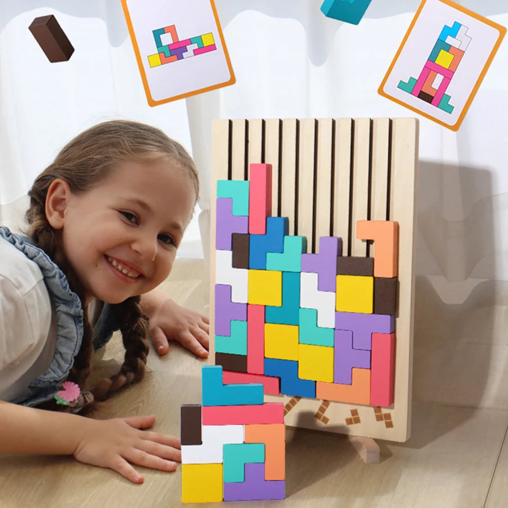 Houten 3D Puzzelspel voor Kinderen – Creatief Tetris Stapelspel met Geometrische Blokken – Ruimtelijk Inzicht & Handcoördinatie | Sansoti