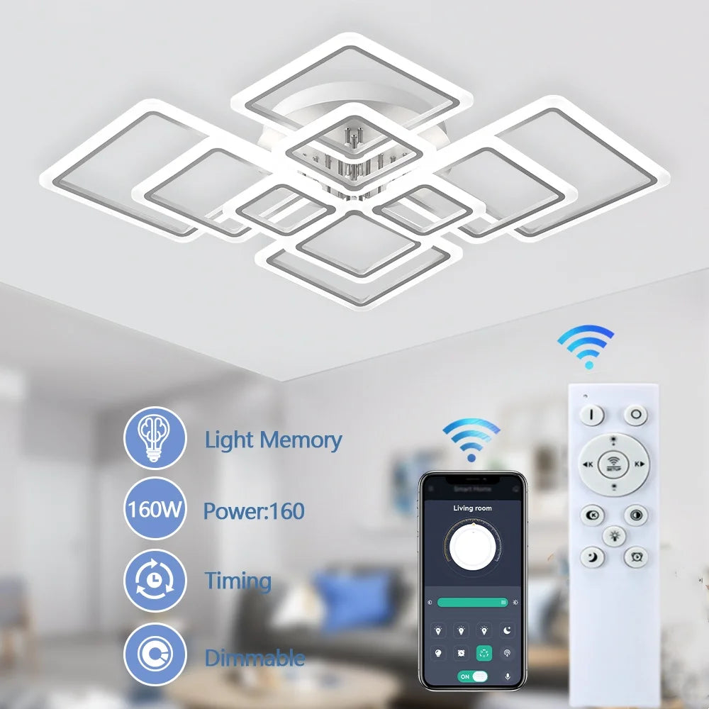 LED Plafondlamp Dimbaar Vierkant Acryl Wit Afstandsbediening Woonkamer Slaapkamer Modern 35W-160W Plafonnière Studeerkamer | Sansoti