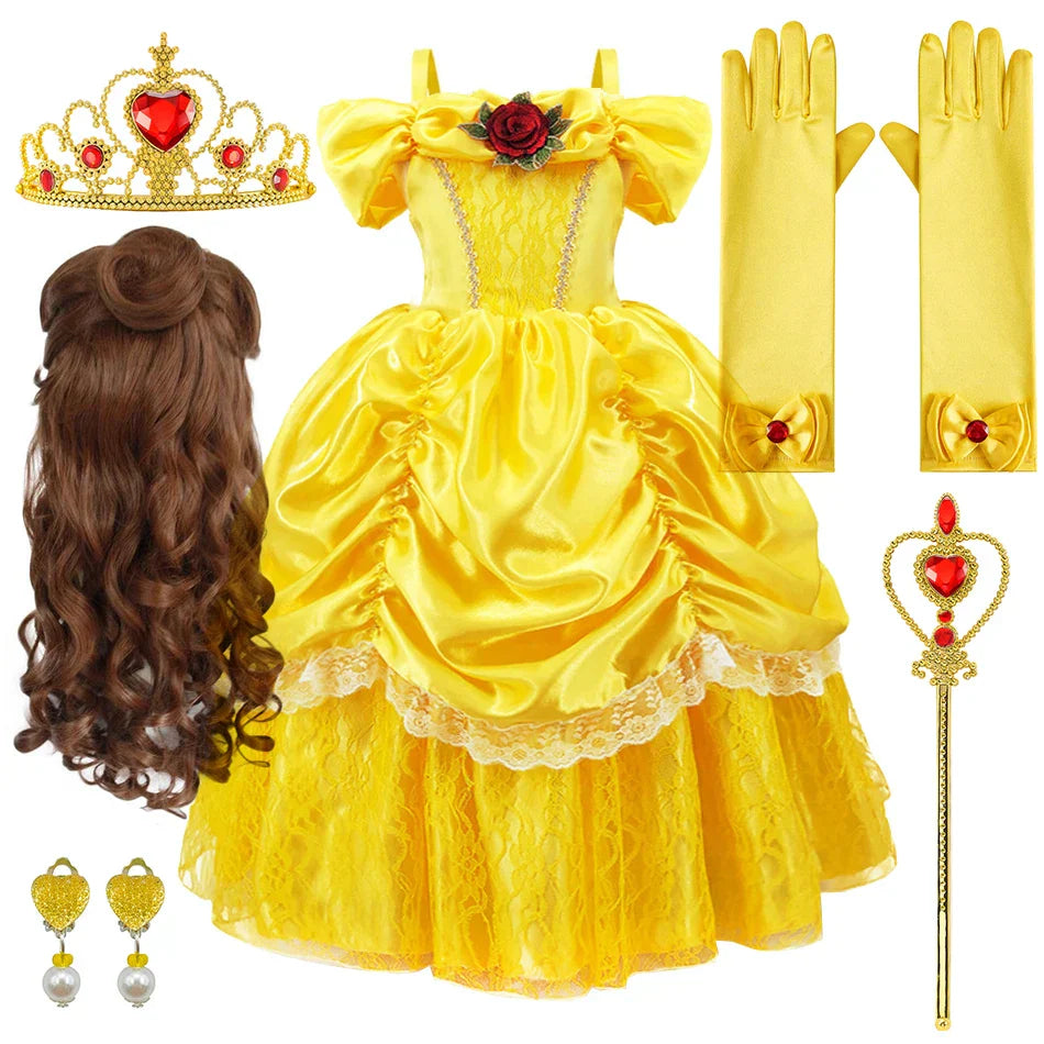 Prinsessenjurk voor Kinderen Cosplay Kostuum met Tiara en Accessoires Geel | Sansoti