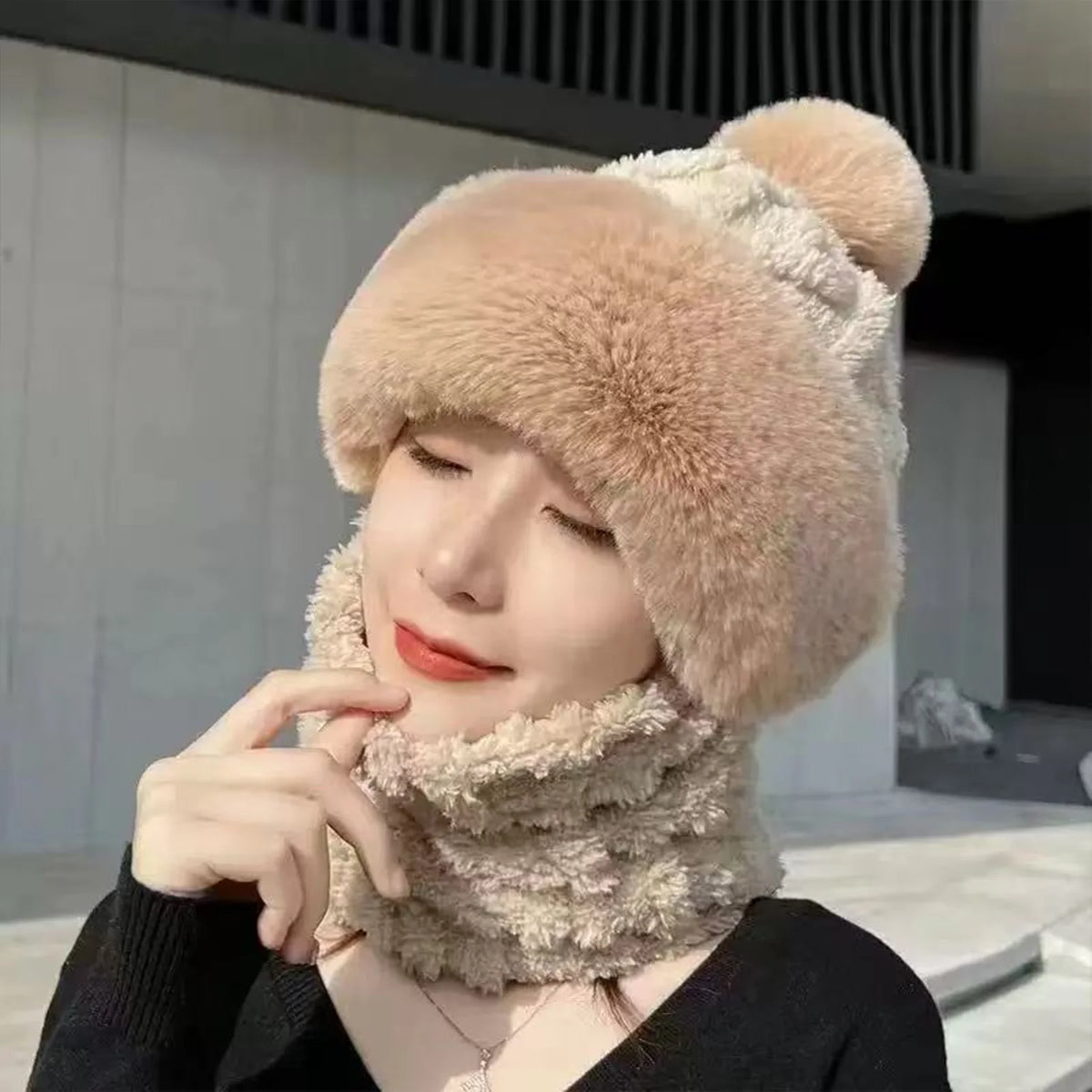 Fleece Balaclava with Pom-Pom Black Beige Khaki – Winter Hat Scarf Neck Warmer Hood Women Men Cycling | Sansoti