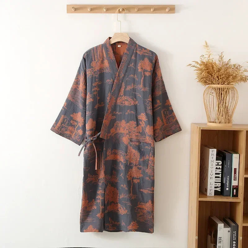 Katoenen Kimono Ochtendjas voor Mannen Lange Badjas Lichtgewicht Huisjas met V-hals Bedrukt Katoen Loungewear | Sansoti