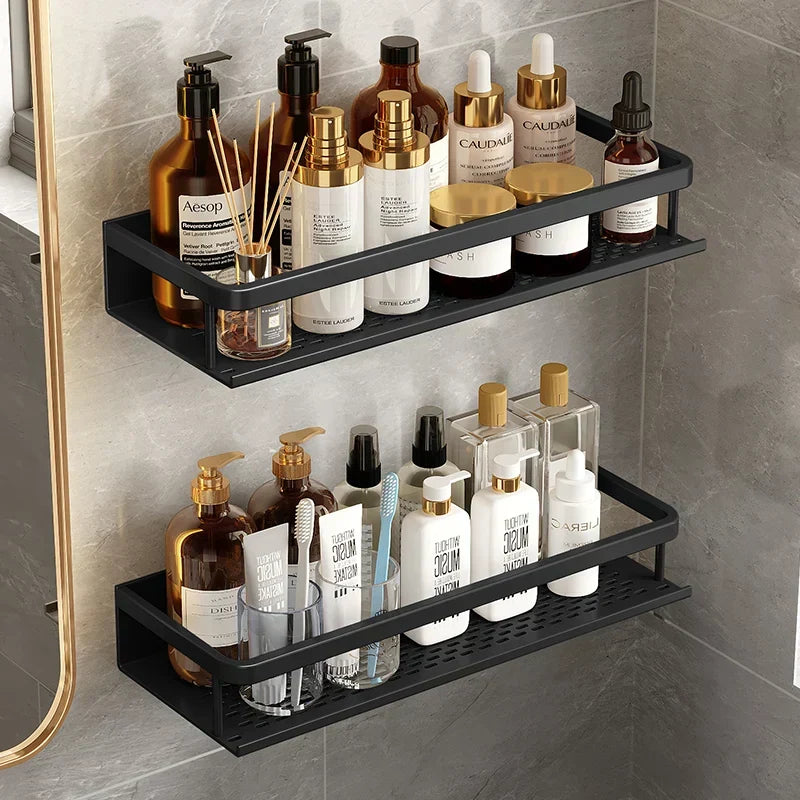 Wandplank Aluminium Douche Zwart Mat - Ventilerend Opbergrek Badkamer Doucheplank voor Shampoo Scheergerei | Sansoti