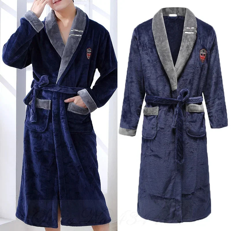 Miękki męski szlafrok z polaru, styl kimono, długi model na jesień i zimę, wygodna odzież domowa | Sansoti