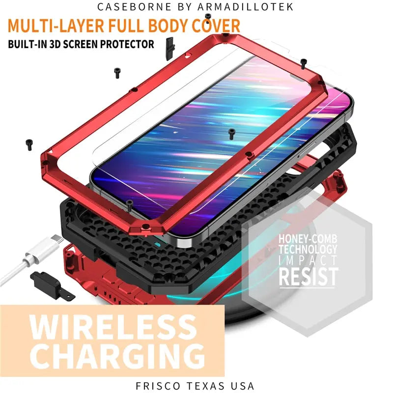 Phone Case with Integrated Screen Protector for iPhone 14 13 Mini Pro Max Rugged Military Black Red | Sansoti