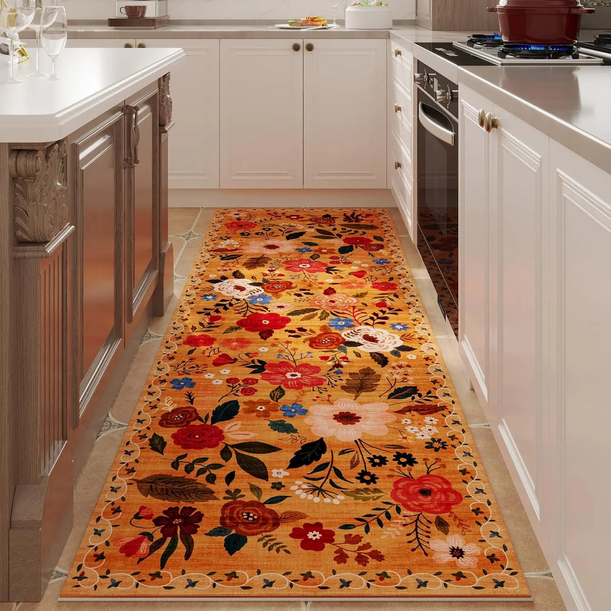 Tapis de couloir antidérapant à motif floral, en polyester, lavable, avec dessous en caoutchouc, pour couloir, cuisine, entrée et salon, décoratif | Sansoti