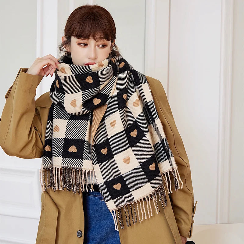 Knitted blanket scarf for women, warm polyester plaid wrap, oversized winter accessory scarf | Sansoti
