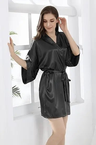 Kimono satiné robe de chambre pour femme à manches courtes bleu marine, vêtement d’intérieur soyeux, peignoir, tenue de nuit | Sansoti