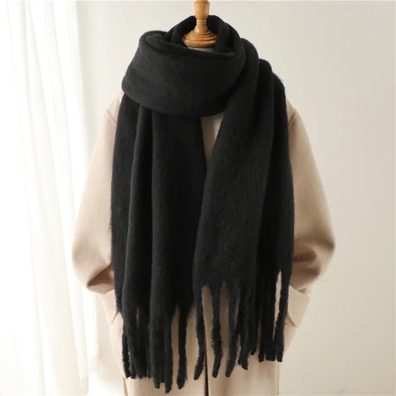 Warm Women's Winter Scarf 240x38cm Thick Wool-Look Shawl with Fringes Soft Knitted Scarf for Cold Weather | Sansoti