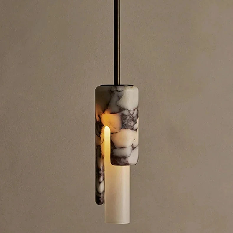 Hanglamp Cilinder Marmer Glas Warm Licht Eetkamer Woonkamer Slaapkamer Foyer Design Natuursteen 30cm | Sansoti