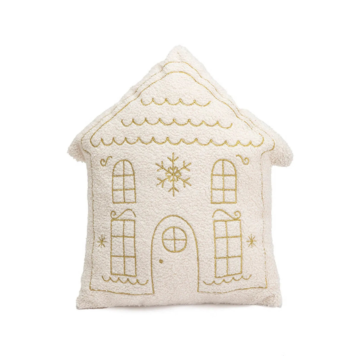 Decorative House-Shaped Christmas Cushion with Gold Embroidery, Festive Plush Throw Pillow, Winter Decoration | Sansoti