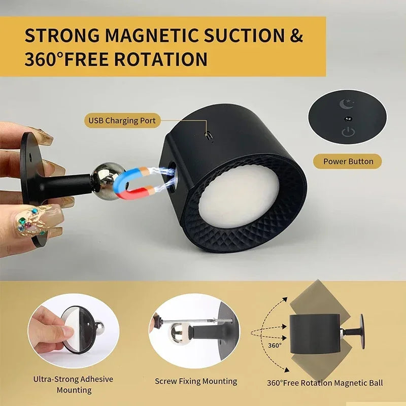 Draadloze Wandlamp Oplaadbaar met Touch Bediening 360° Draaibaar Magnetisch Leeslamp Nachtlampje Slaapkamer | Sansoti
