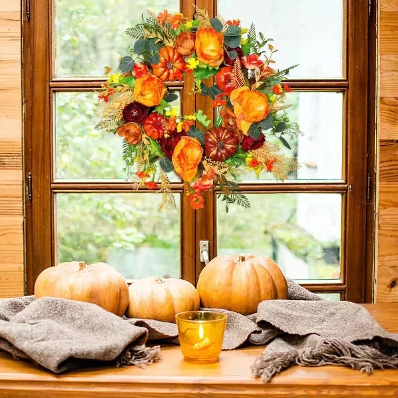 Herfstkrans Pompoen 40cm Rotan Sfeer Decoratie Deurkrans Herfst Thanksgiving Oranje Bruin Groen Seizoen | Sansoti