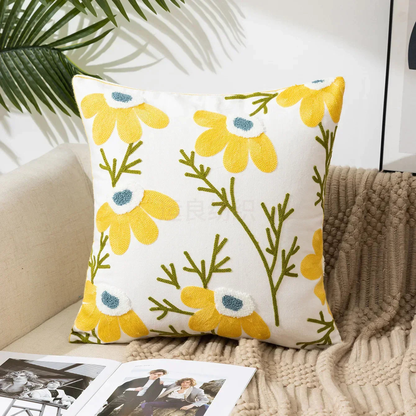 Kussenhoes 45x45cm Katoen Canvas Geborduurd Bloemen Wit Sierkussenhoes Bank Slaapkamer Landelijke Stijl Decoratief | Sansoti