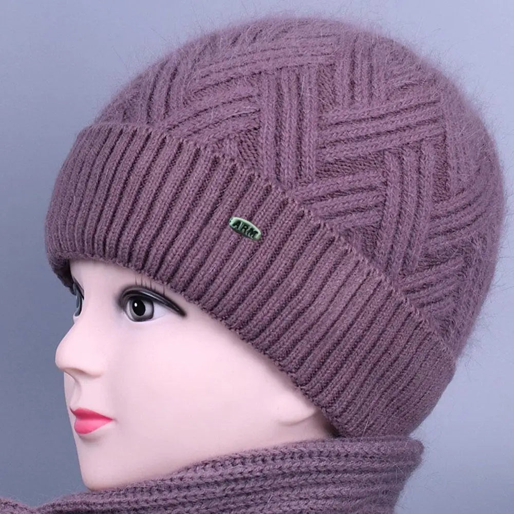 Gestrickte Damen-Wintermütze mit Fleecefutter, Ohrenschutz, elastischer Polyester-Beanie, warme Skimütze für kaltes Wetter | Sansoti