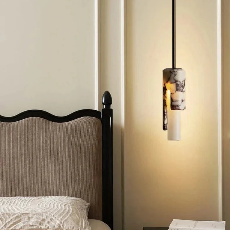 Hanglamp Cilinder Marmer Glas Warm Licht Eetkamer Woonkamer Slaapkamer Foyer Design Natuursteen 30cm | Sansoti