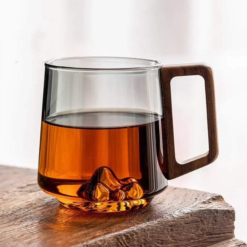 Glazen Bergpiek Beker met Dubbele Wand 300ml – Hittebestendig Borosilicaatglas met Houten Handgreep voor Koffie en Thee | Sansoti