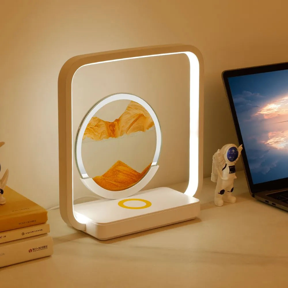 Zandkunst Nachtlamp met Draadloze Oplaadplek – Sierlijk Bewegend Zand & LED-Verlichting voor Slaapkamer Bureau Decoratie | Sansoti