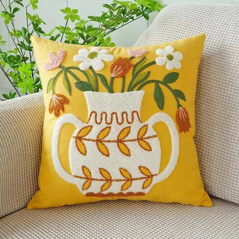 Kussenhoes 45x45cm Katoen Canvas Geborduurd Bloemen Wit Sierkussenhoes Bank Slaapkamer Landelijke Stijl Decoratief | Sansoti