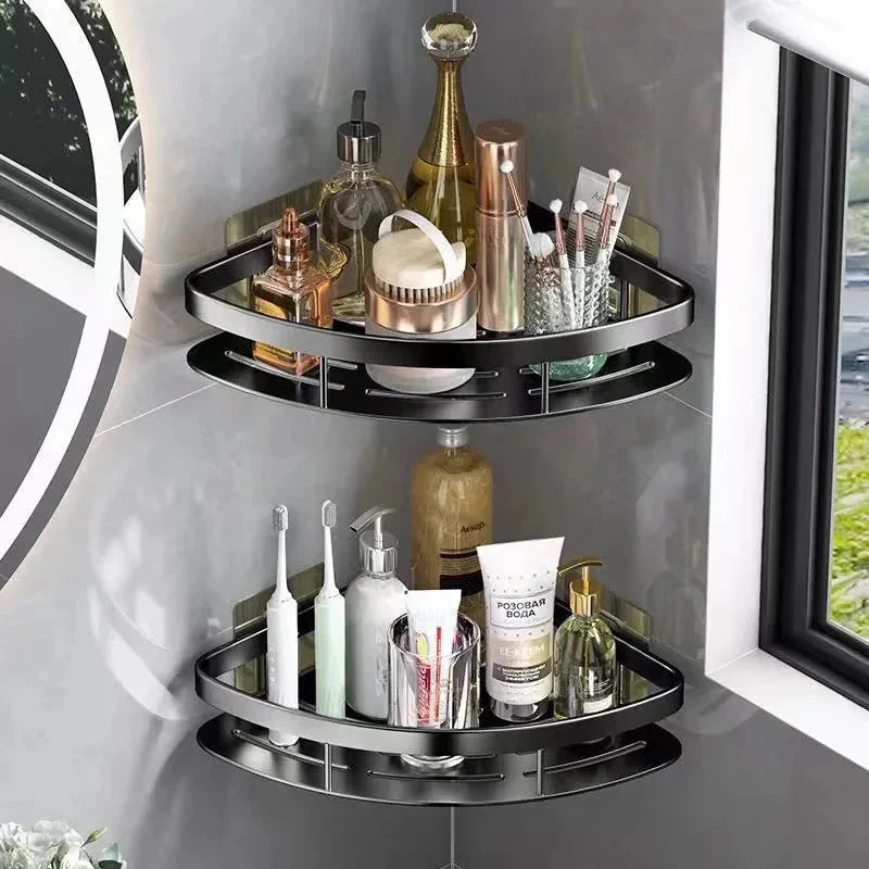 Aluminium Hoekplank voor Douche en Badkamer zonder Boren met Sterke Kleefpad Zwart Zilver | Sansoti