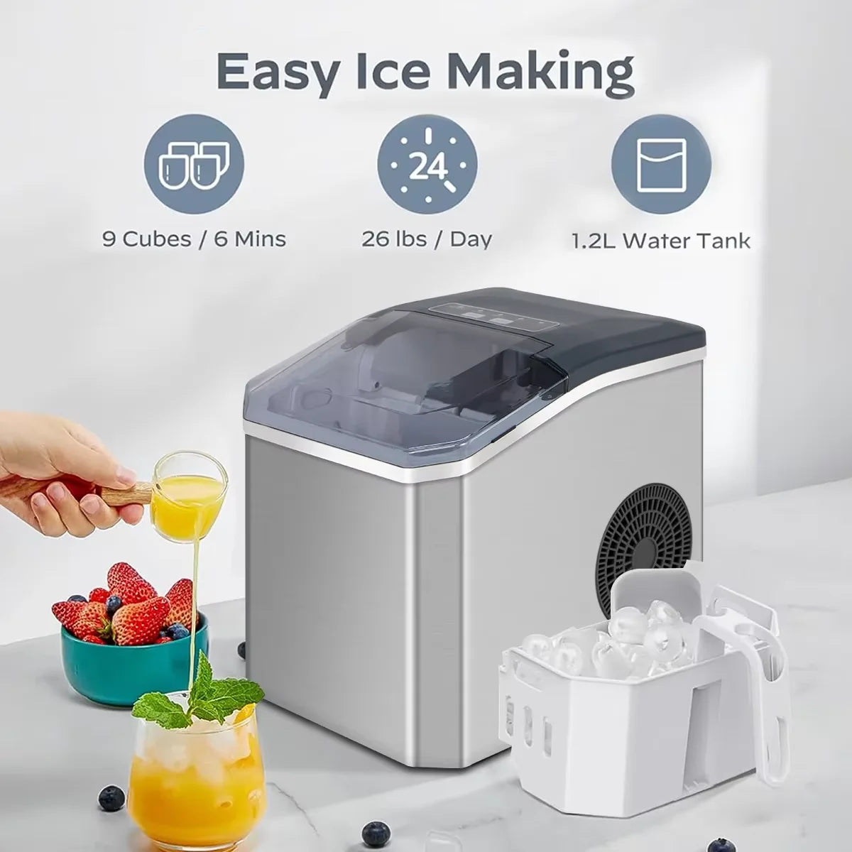 Machine à Glace Automatique Inox 110W 15kg par Jour Cuisine Bar Bureau Auto-nettoyante Machine à Glaçons 2 Tailles Rapide 9 Glaçons | Restfield