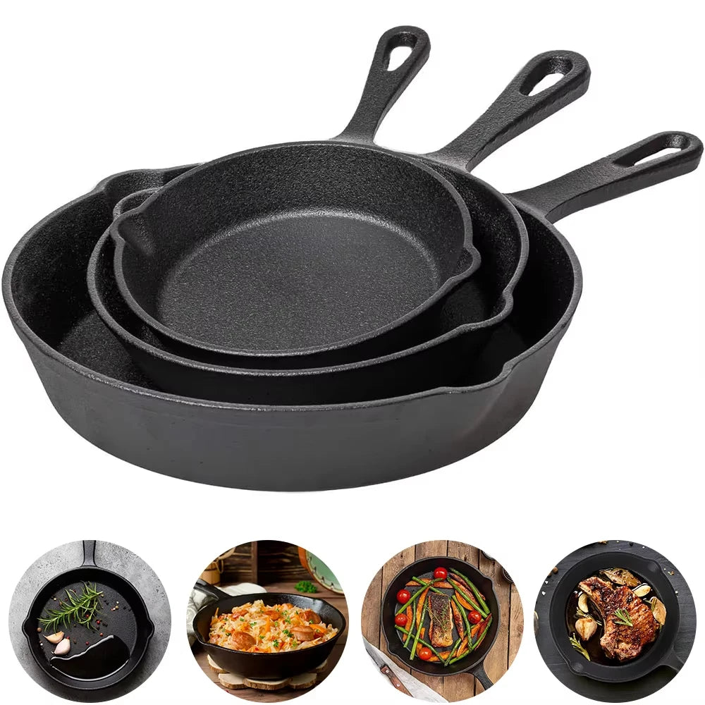 Gietijzeren Koekenpannenset 3-delig 16-20-26cm Inductie Gasfornuis Ongecoat Braadpan Omeletpan Roerbakpan Zwart | Sansoti
