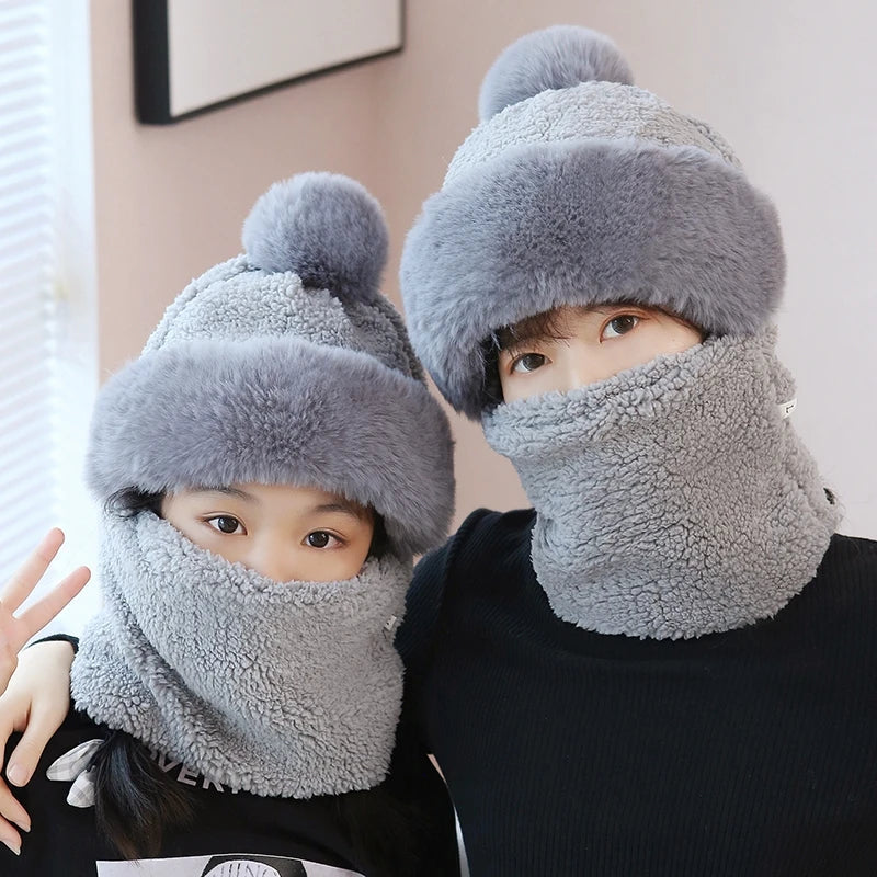 Plüsch Multifunktionale Mützen-Schal-Kombination Winterwarme gestrickte Kopfbedeckung für kaltes Wetter Outdoor-Accessoire | Sansoti