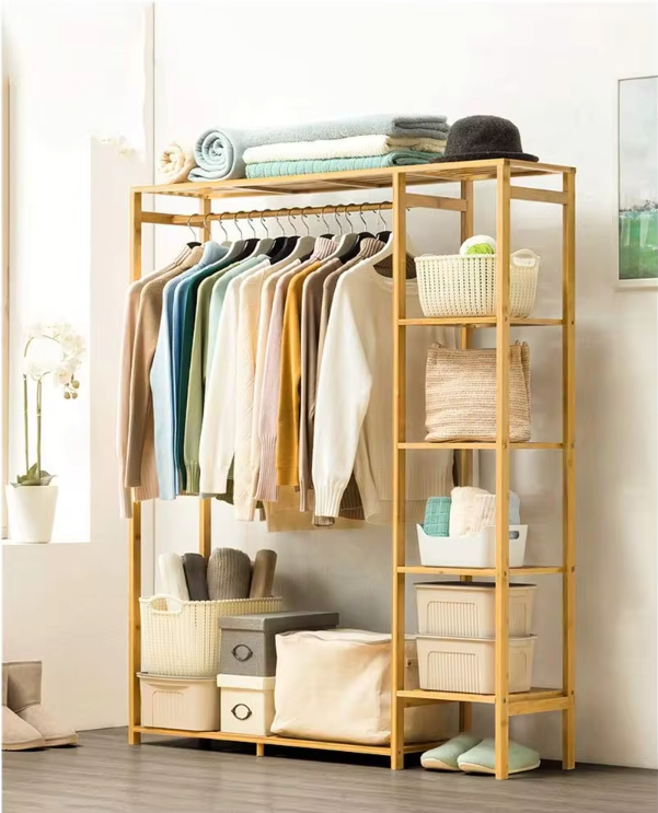 Porte-Vêtements Bambou Armoire Ouverte avec Étagères 90x145cm Bois Naturel | Restfield