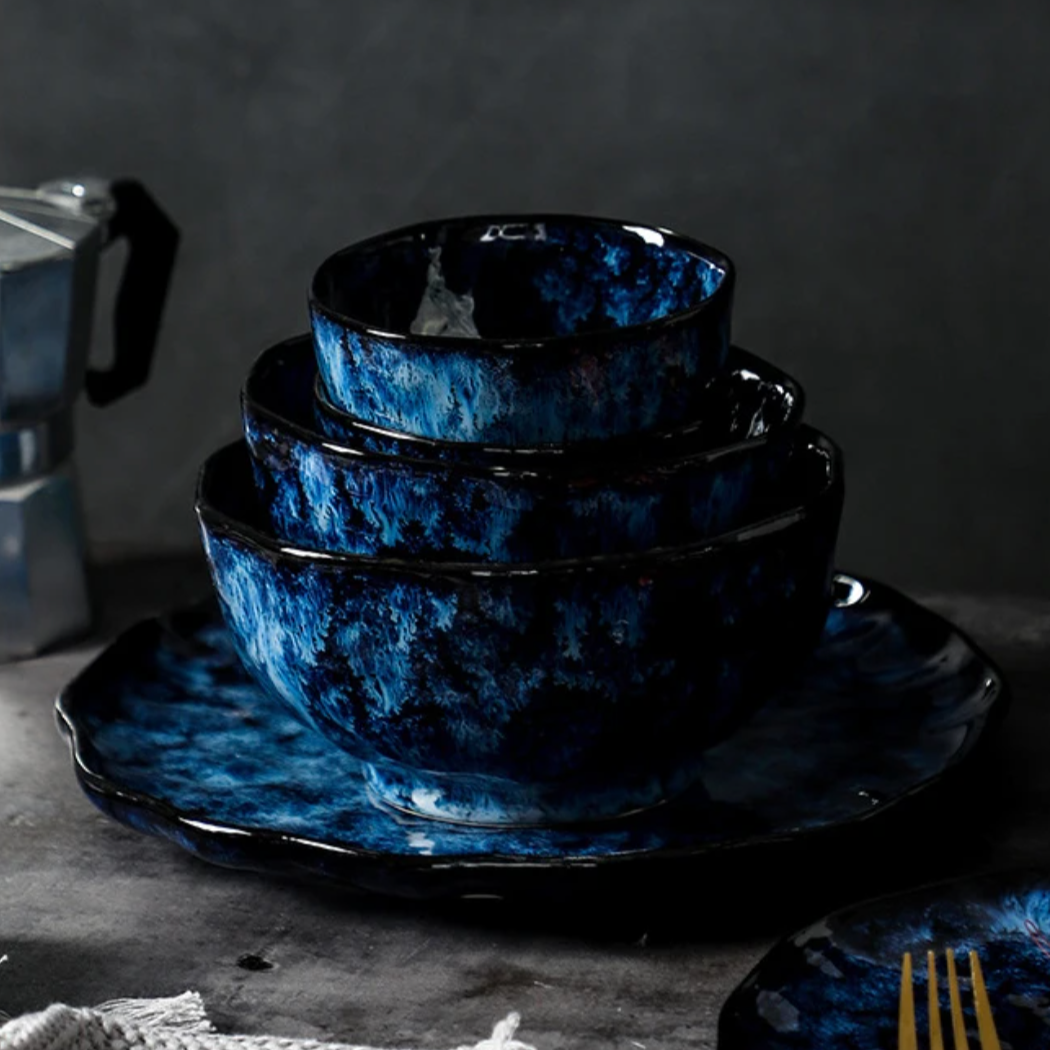 10-Delig Serviesgoed Set Melkwegstelsel Design Blauw Keramiek voor Dagelijks Gebruik en Feestdagen | Sansoti