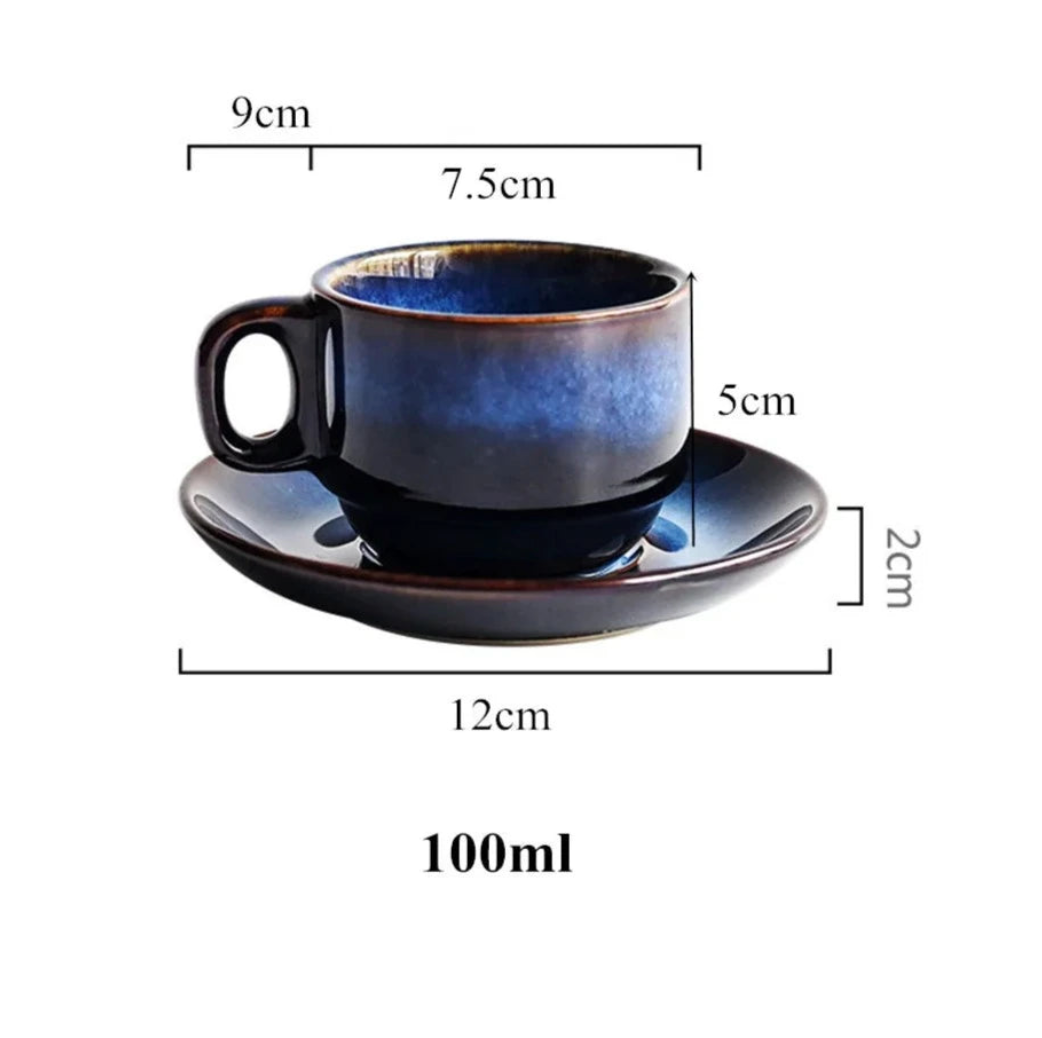Keramische Mokken Set 2-Delig Diepblauw met Schotel Espresso Koffie | Sansoti