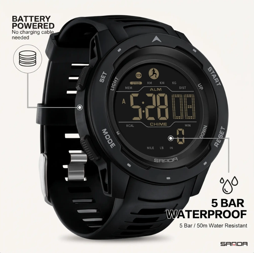 Digitaal Sporthorloge met Stappenteller – Waterbestendig Outdoorhorloge 5 Bar Waterdicht | Sansoti