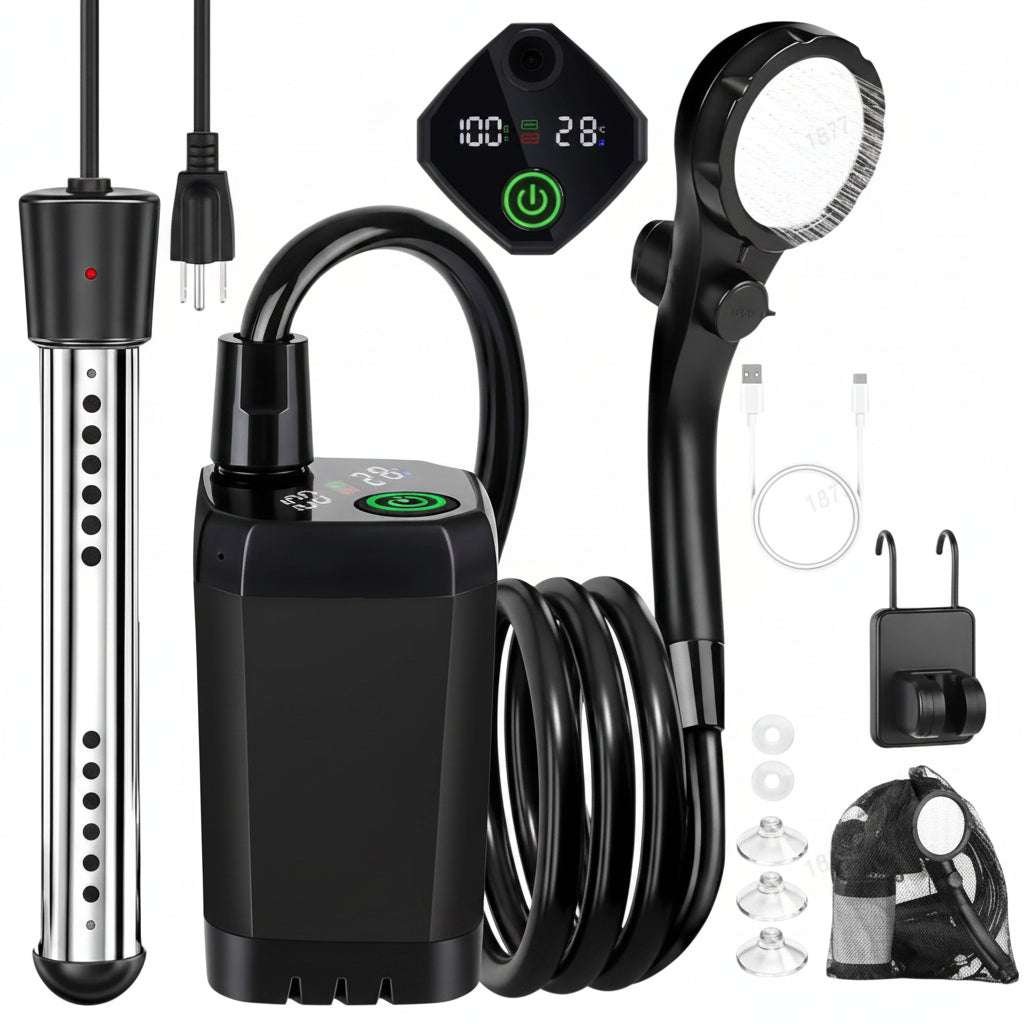 Tragbare Campingdusche mit digitalem Display, wiederaufladbarem 6000-mAh-Akku und einstellbarem Strahl für Reisen und Camping | Sansoti