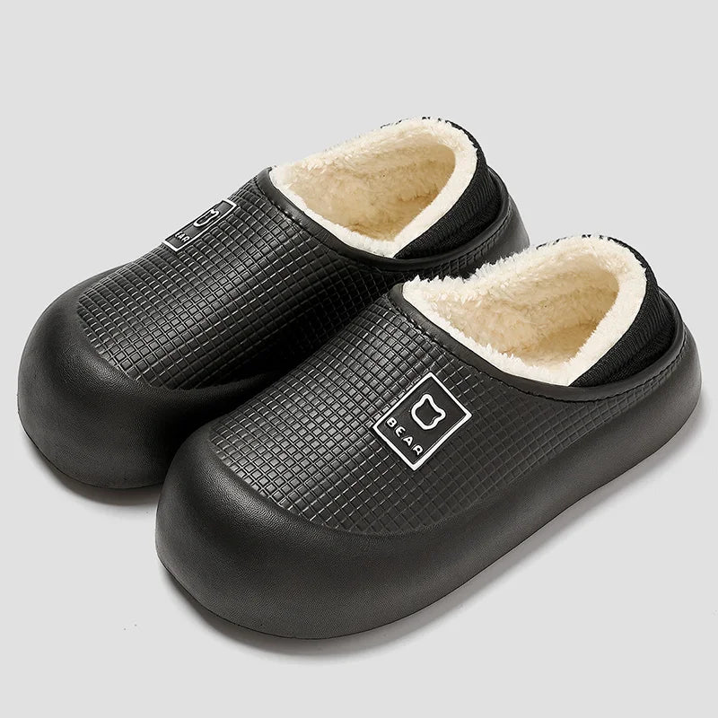 Waterdichte pantoffels met dikke zool pluche voering antislip voor binnen buiten zwart paars unisex comfort | Sansoti