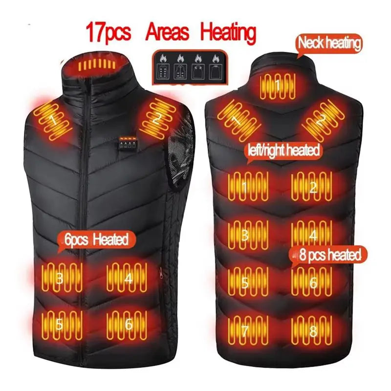 Chaleco USB calefactable para hombre con 17 zonas de calor, cremallera, ropa de invierno para actividades al aire libre, talla 5XL, térmico | Sansoti